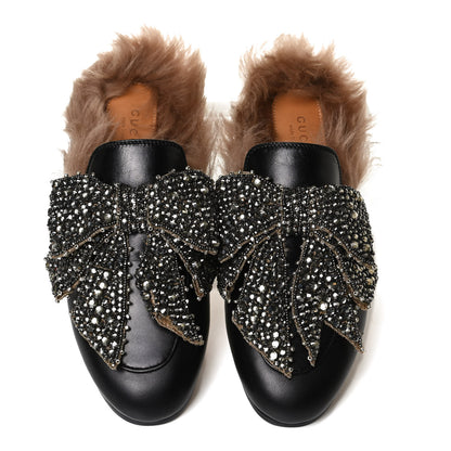 Gucci Malaga Kid Fur Crystal Bow Embroidered Womens Princetown Slippers 38 Black 5 of 10