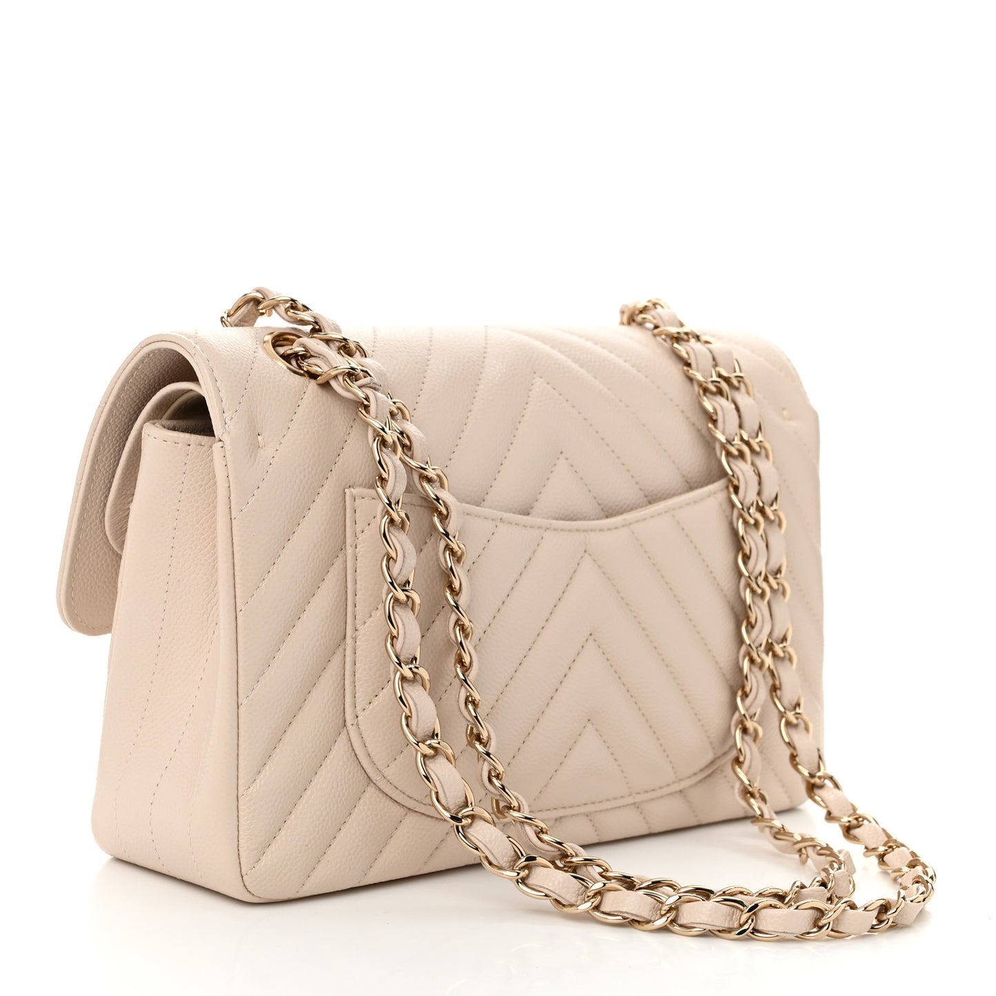 Caviar Chevron Quilted Small Double Flap Beige