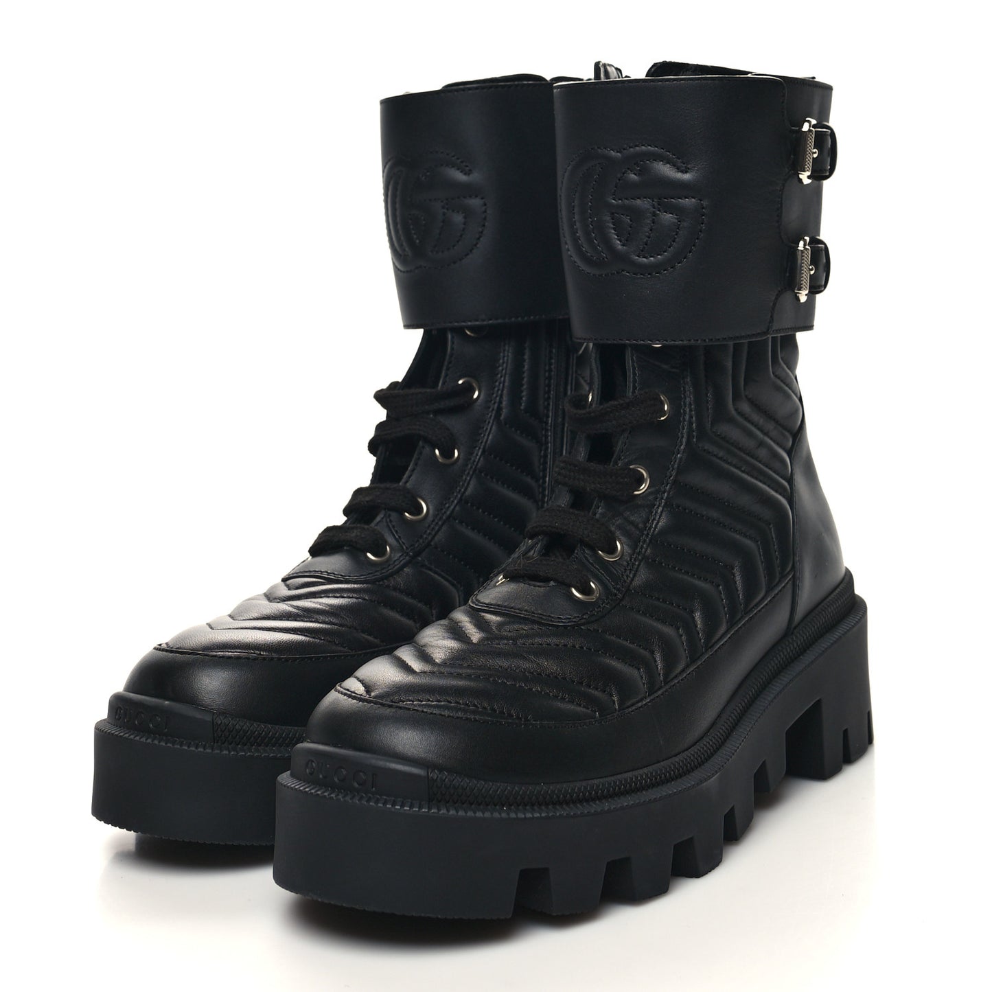 Nappa Frances GG Matelasse Platform Combat Boots 36 Black