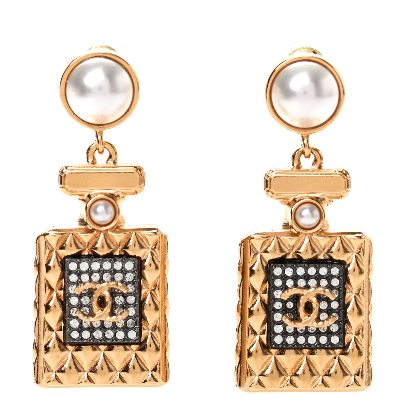 Crystal Pearl CC Perfume Bottle Drop Earrings Gold