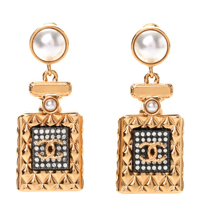 Chanel Crystal Pearl CC Perfume Bottle Drop Earrings Gold 1 of 4
