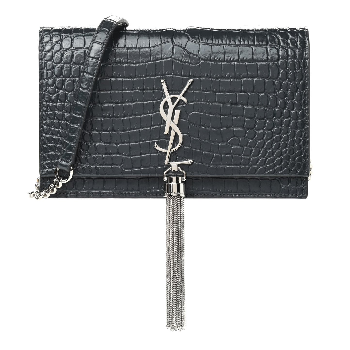 Calfskin Crocodile Embossed Kate Monogram Tassel Chain Wallet Dark Smog