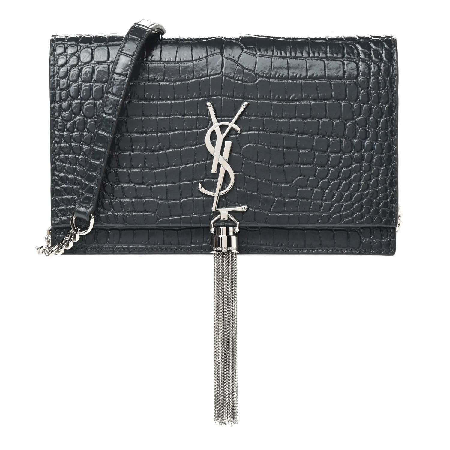 Saint Laurent Calfskin Crocodile Embossed Kate Monogram Tassel Chain Wallet Dark Smog 1 of 8