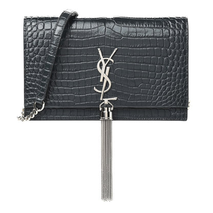 Saint Laurent Calfskin Crocodile Embossed Kate Monogram Tassel Chain Wallet Dark Smog 1 of 8