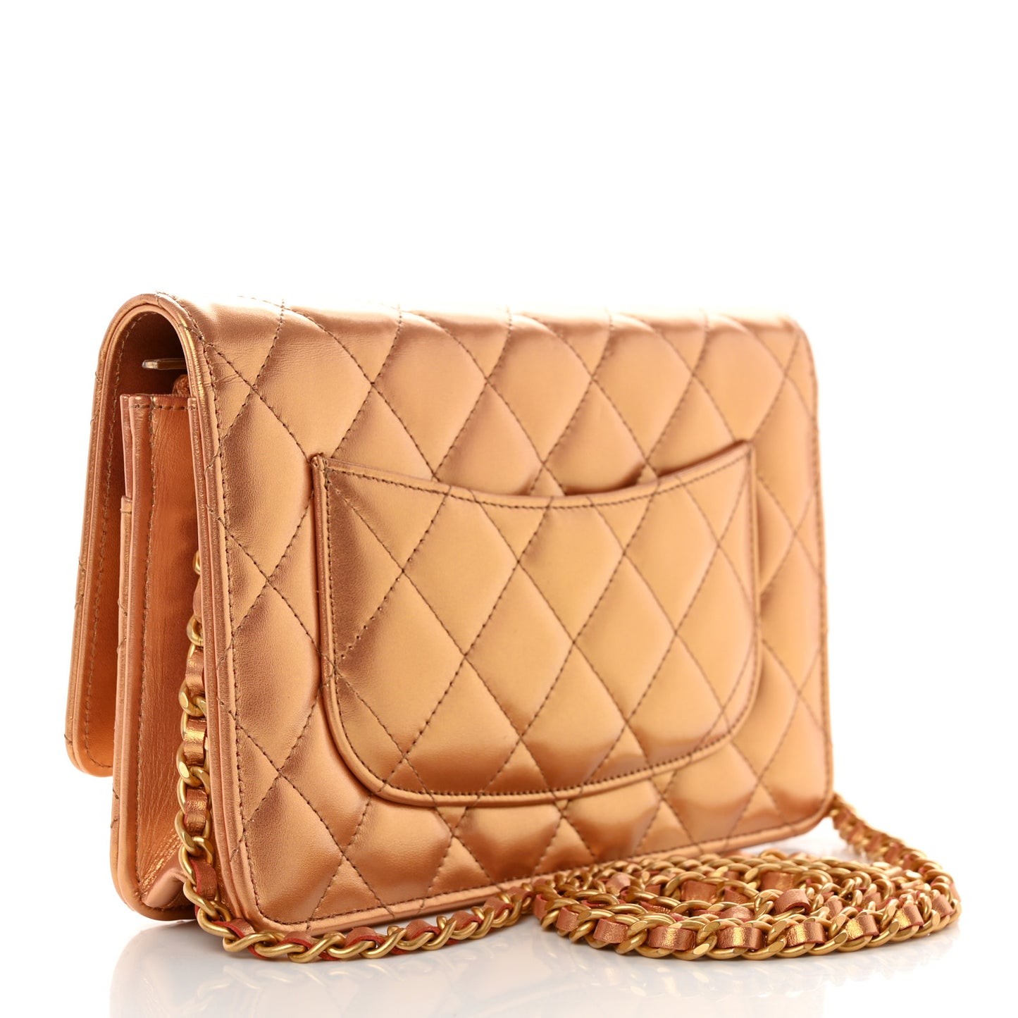Metallic Lambskin Quilted Wallet On Chain WOC Golden