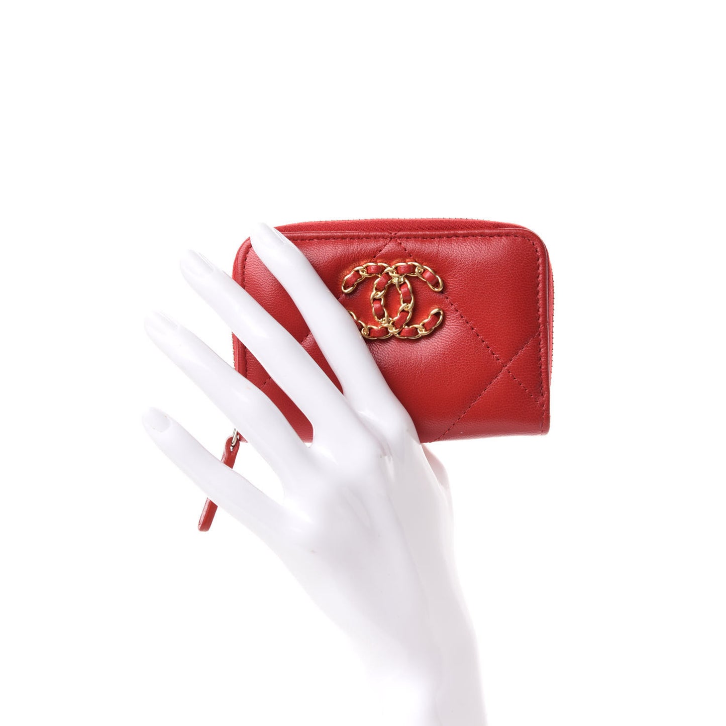 Goatskin Quilted Chanel 19 Zip Around Coin Purse Wallet Red