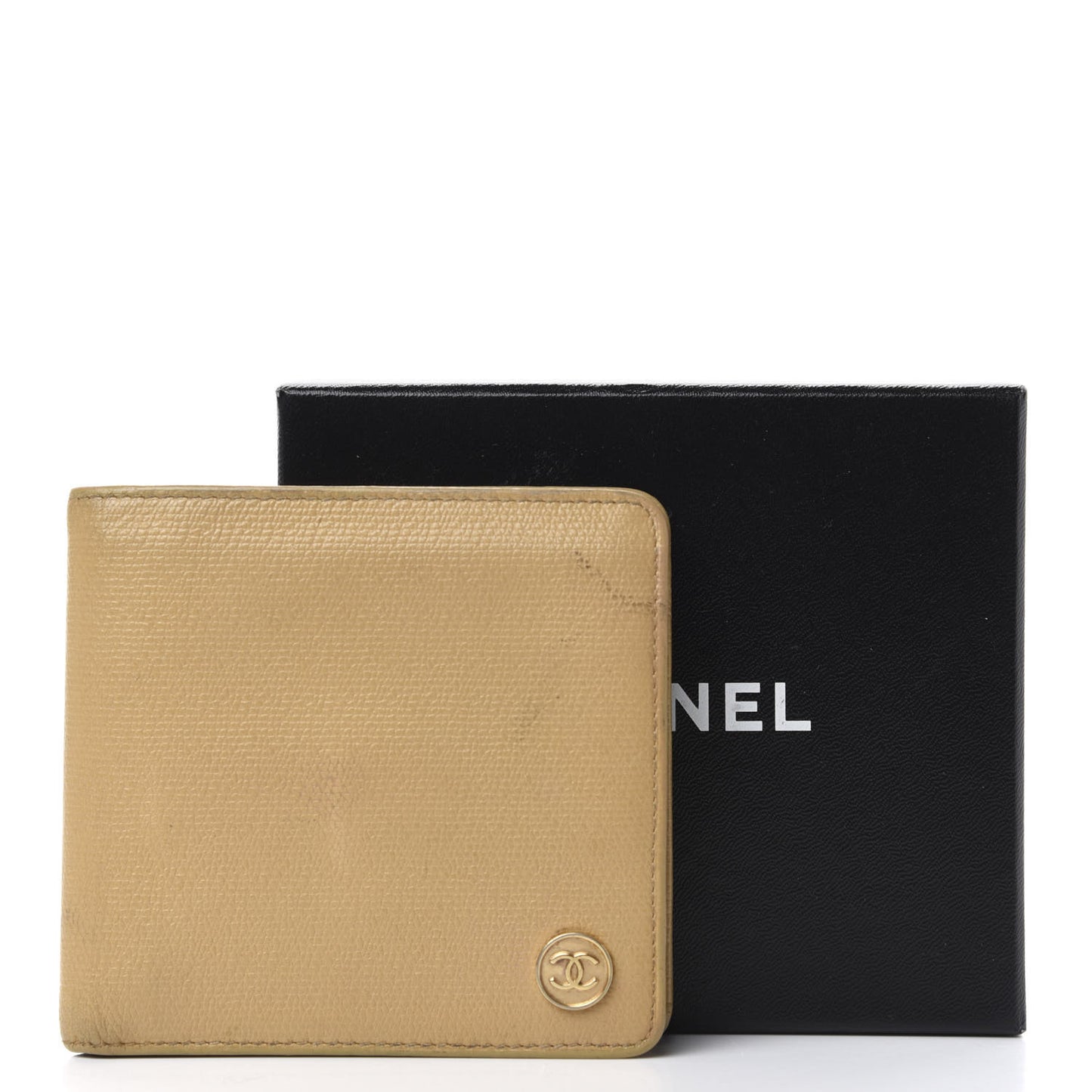 Grained Calfskin CC Button Bi-Fold Wallet Beige