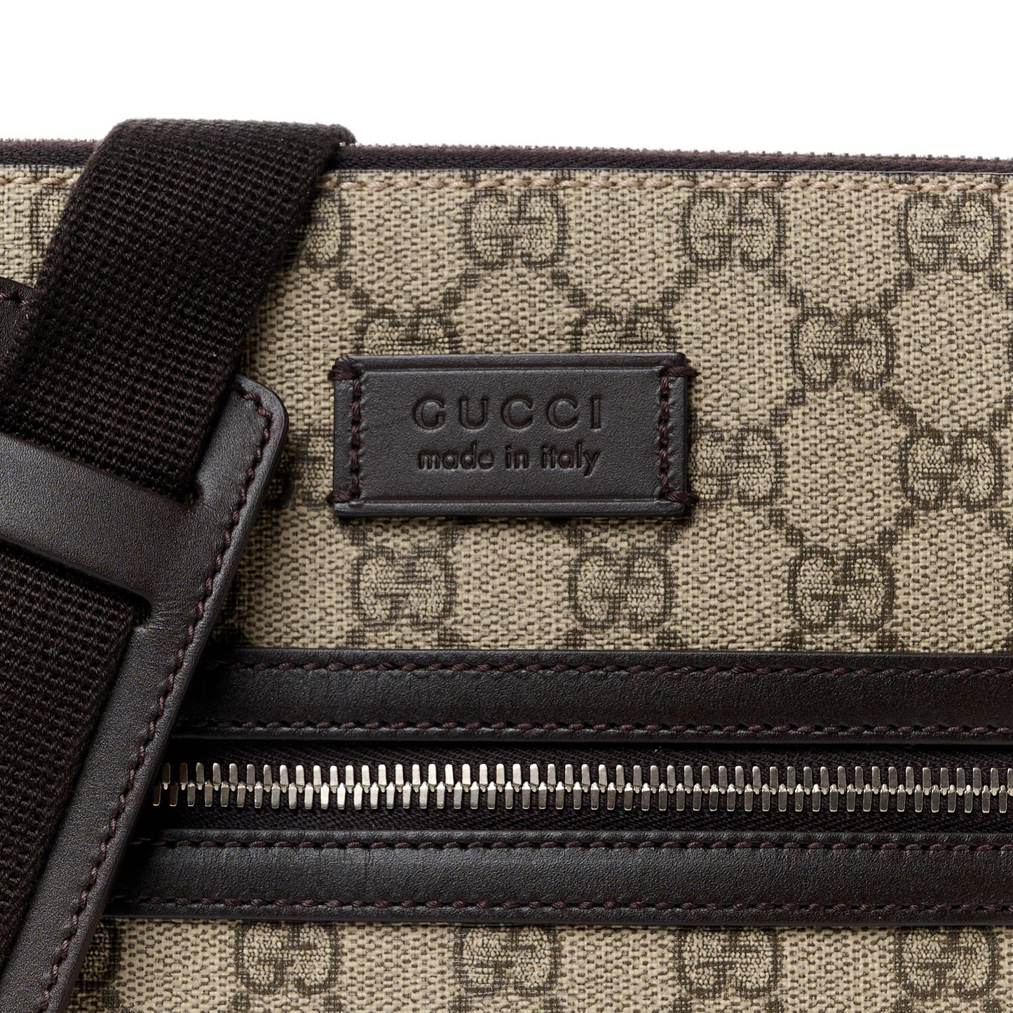GG Supreme Monogram Selleria Calfskin Small Flat Side Zip Messenger Bag Beige Ebony Cocoa Dark Chocolate