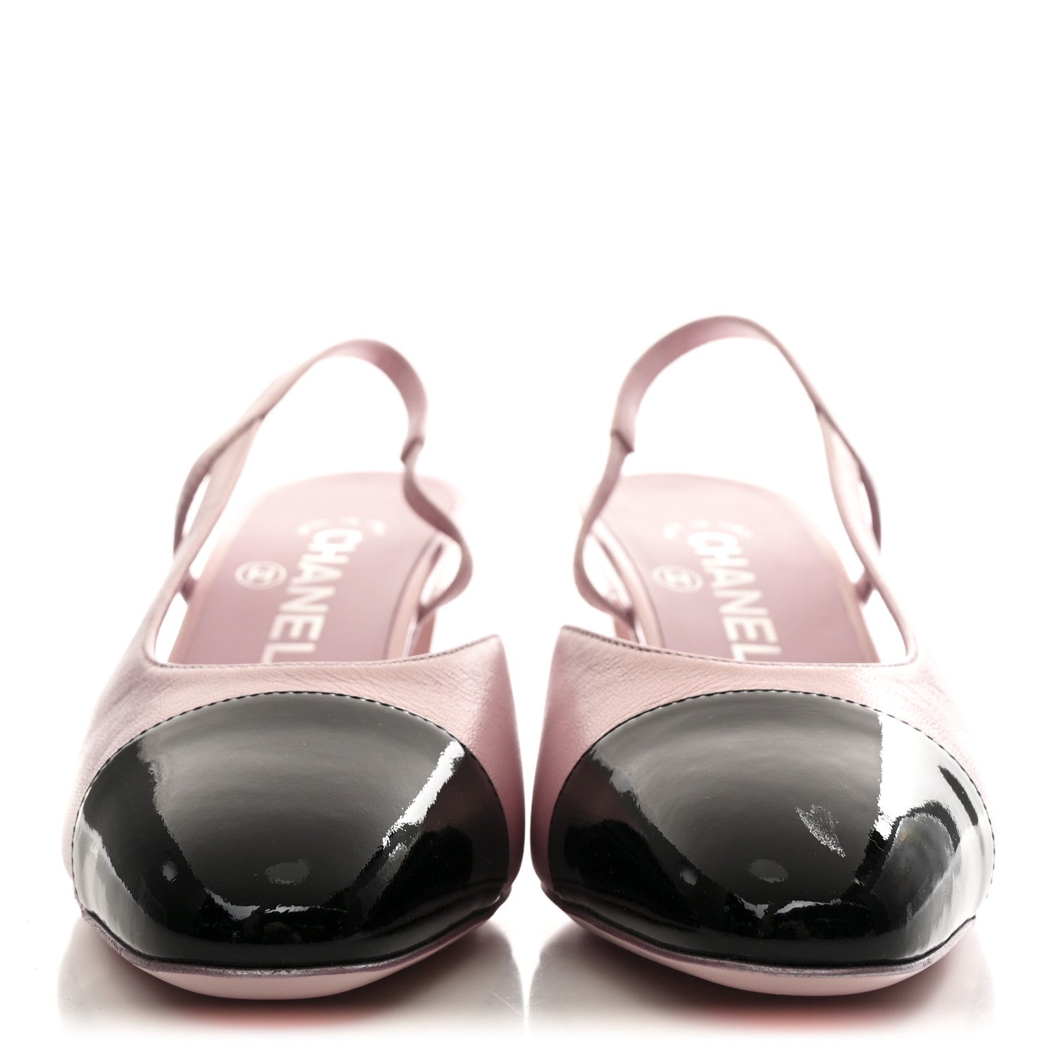 Chanel Laminated Lambskin Patent Cap Toe CC Slingback Pumps 37 Light Pink Black 3 of 10