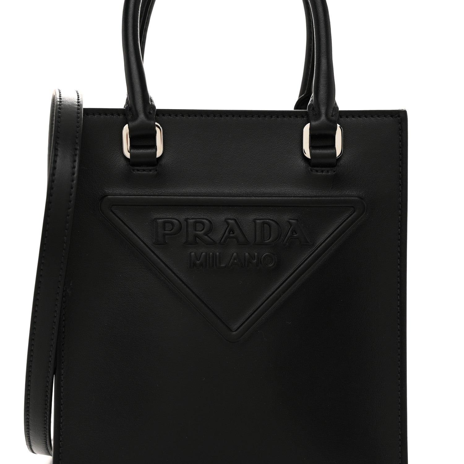 Prada Soft Calfskin Triangle Logo Embossed Small Double Handle Crossbody Tote Black 8 of 10