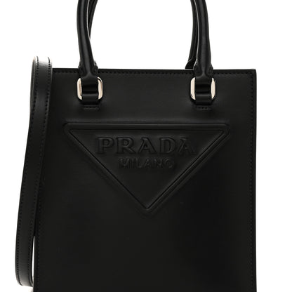 Prada Soft Calfskin Triangle Logo Embossed Small Double Handle Crossbody Tote Black 8 of 10