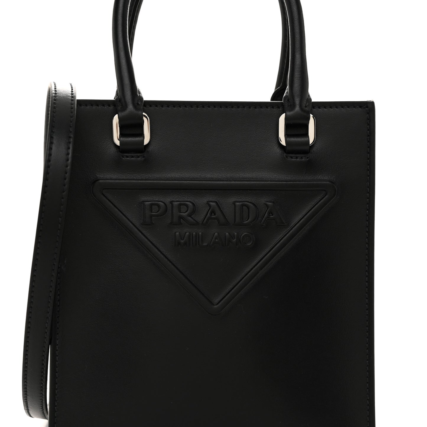 Soft Calfskin Triangle Logo Embossed Small Double Handle Crossbody Tote Black