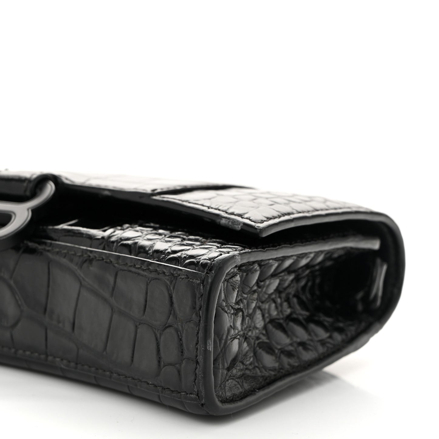 Shiny Calfskin Monochrome Crocodile Embossed Hourglass Chain Bag Black