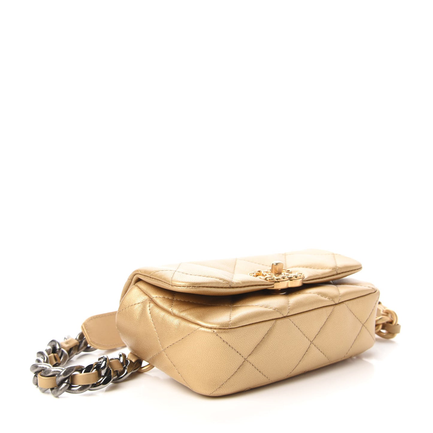 Metallic Goatskin Quilted Chanel 19 Waist Bag Gold