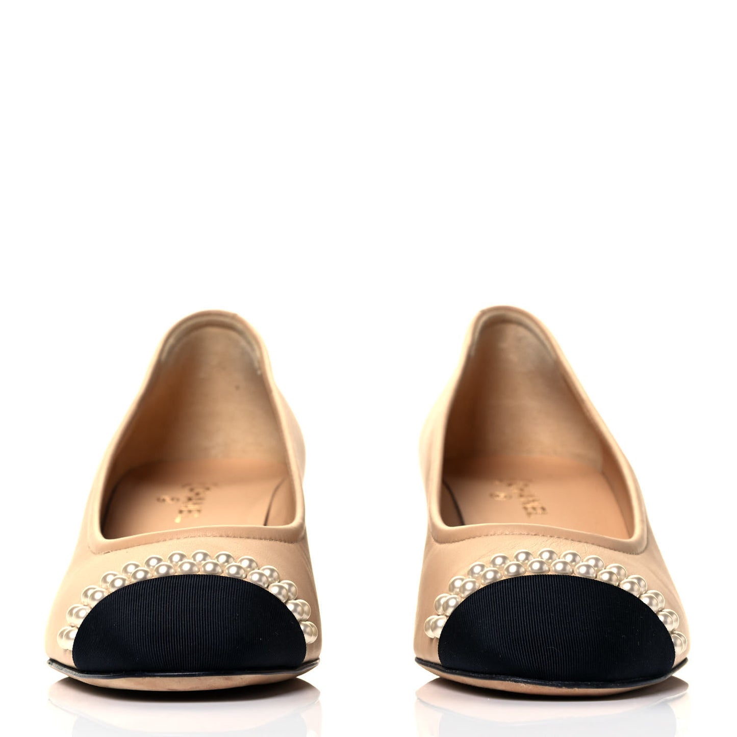 Lambskin Grosgrain Pearl Cap Toe CC Pumps 36 Beige Black