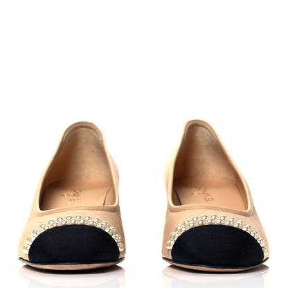 Chanel Lambskin Grosgrain Pearl Cap Toe CC Pumps 36 Beige Black 2 of 9