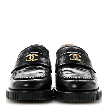 Chanel Shiny Crumpled Calfskin CC Mocassin Loafers 38 Black 3 of 10