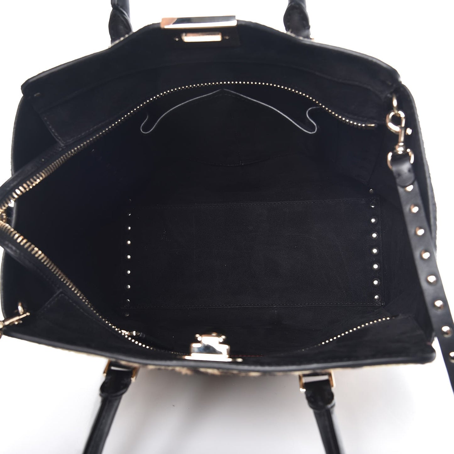 Calf Hair Leopard Print Rockstud Double Handle Tote Black