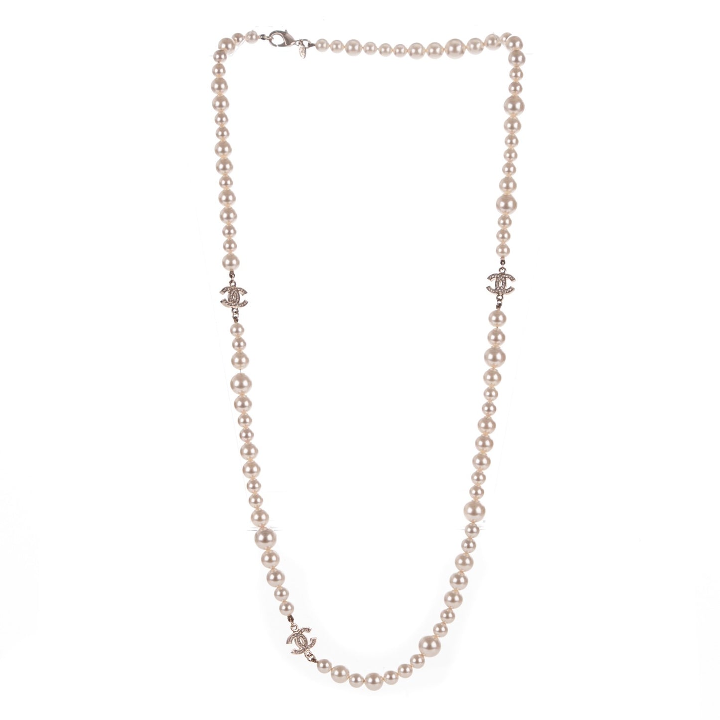 Graduated Pearl Crystal CC Long Necklace Gold