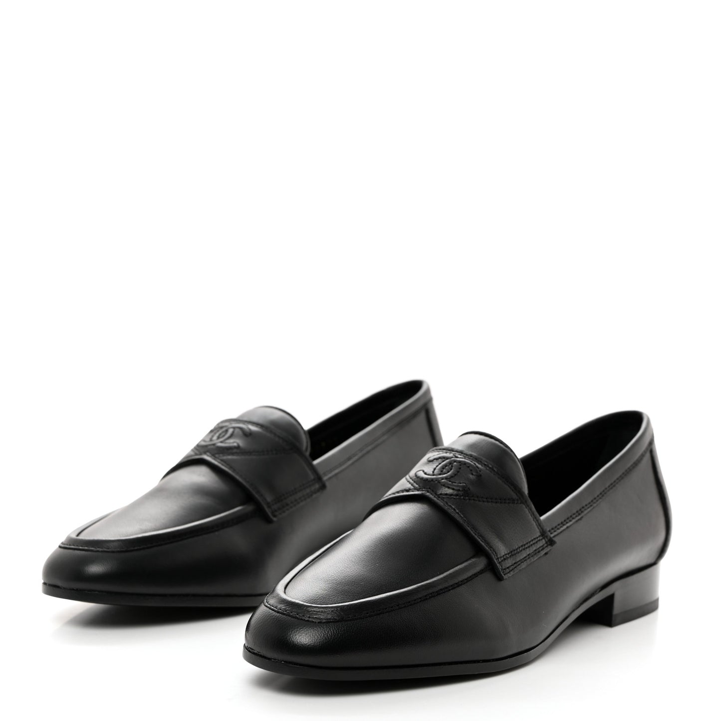 Calfskin Womens Stitched CC Loafers 35.5 Black