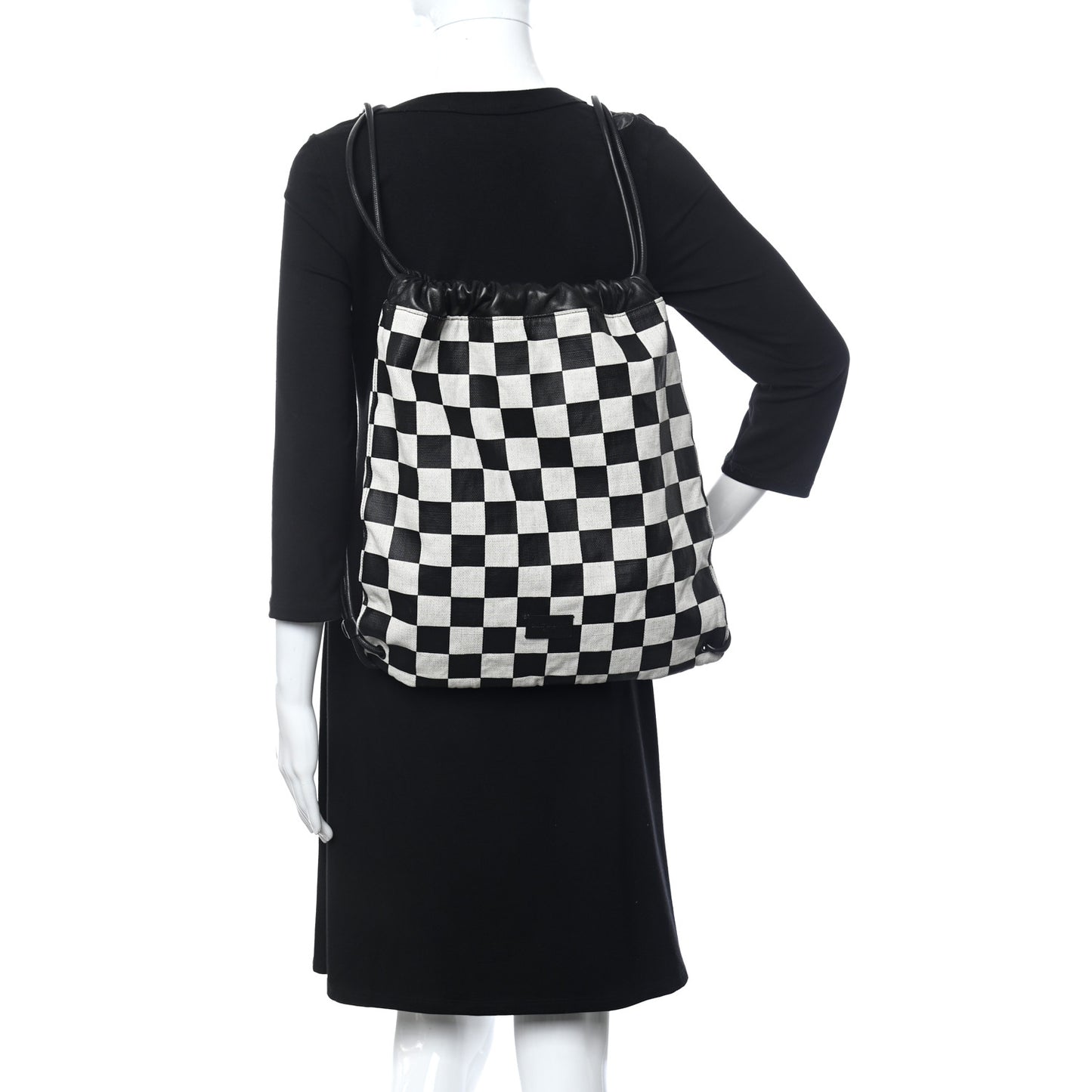 Linen Lambskin Checkered Teddy Drawstring Bag Black White