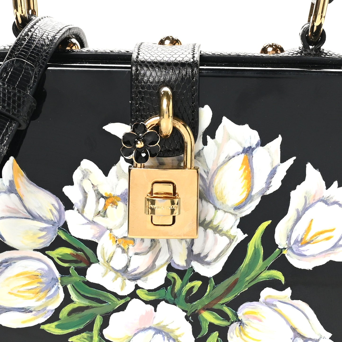 Plexiglass Calfskin Lizard Embossed Floral Box Bag Black