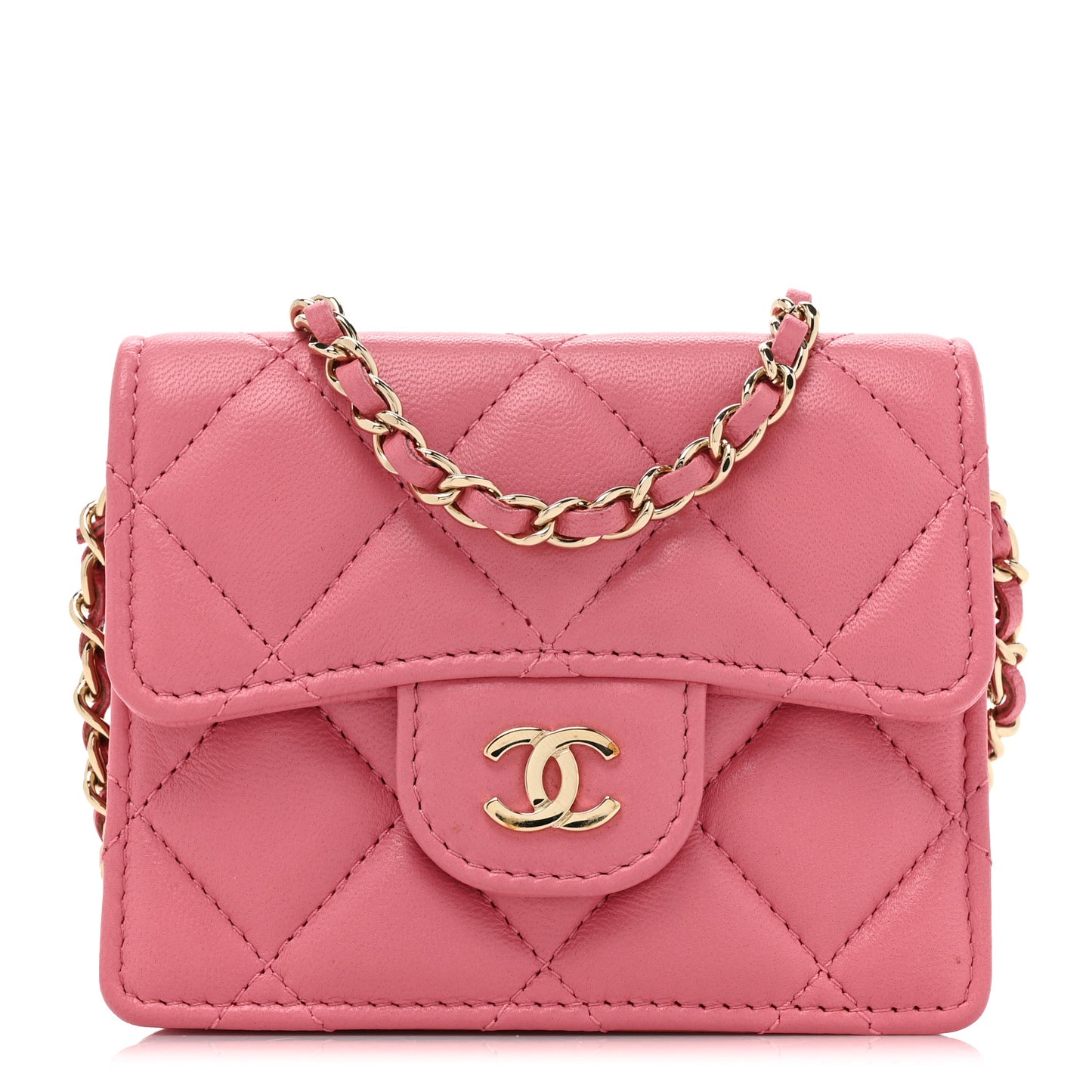 Lambskin Quilted Flap Card Holder On Chain Pink