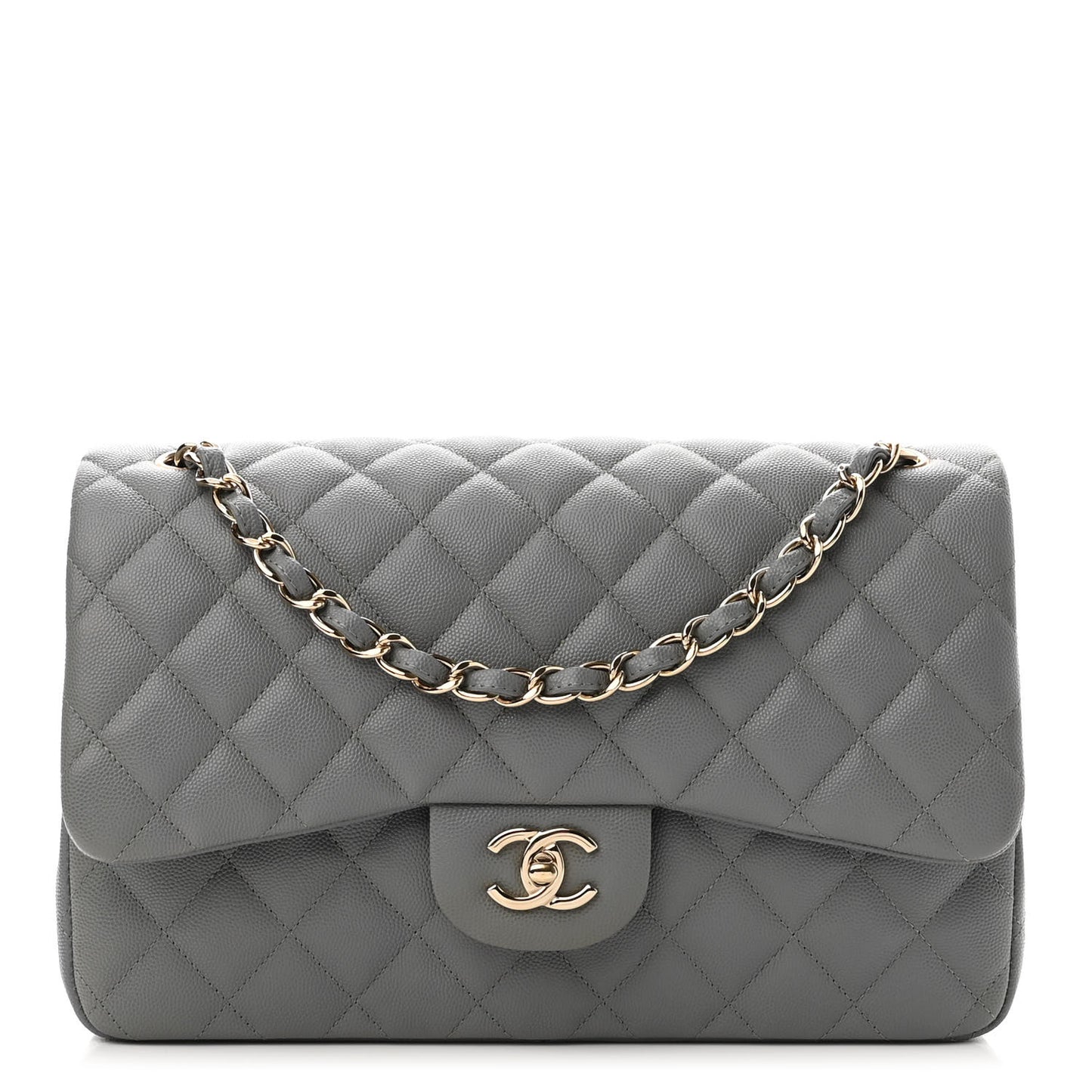 Caviar Quilted Jumbo Double Flap Grey