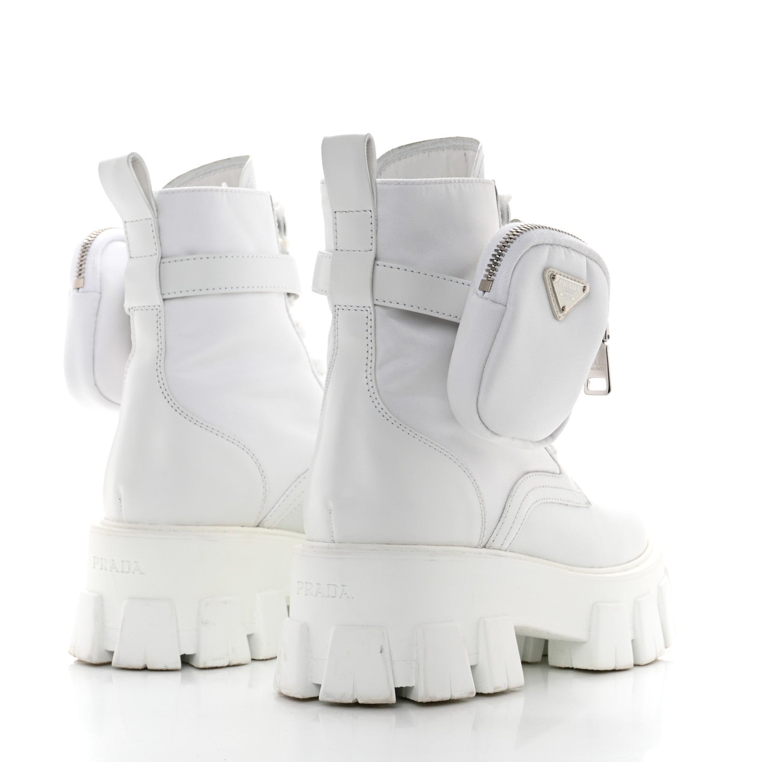 Prada Spazzolato Rois Re-Nylon Metal Triangle Logo Monolith Pouch Pocket 55mm Boots 37 White 4 of 11