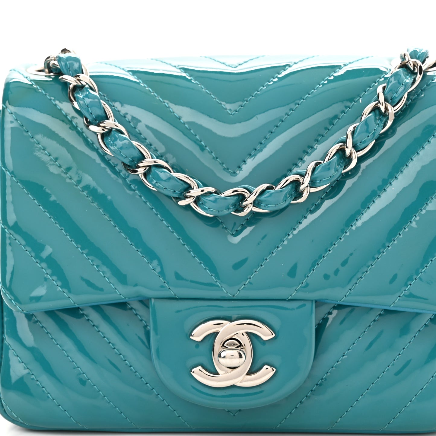Patent Calfskin Chevron Quilted Mini Square Flap Blue