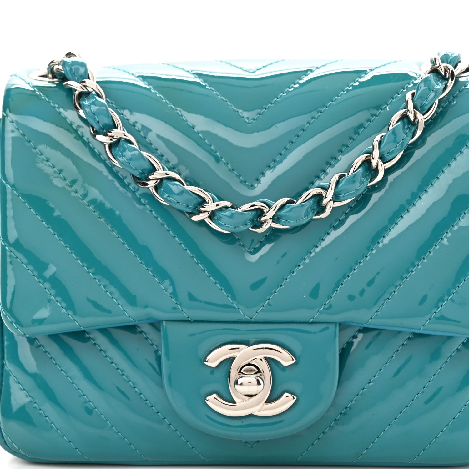 Chanel Patent Calfskin Chevron Quilted Mini Square Flap Blue 8 of 10