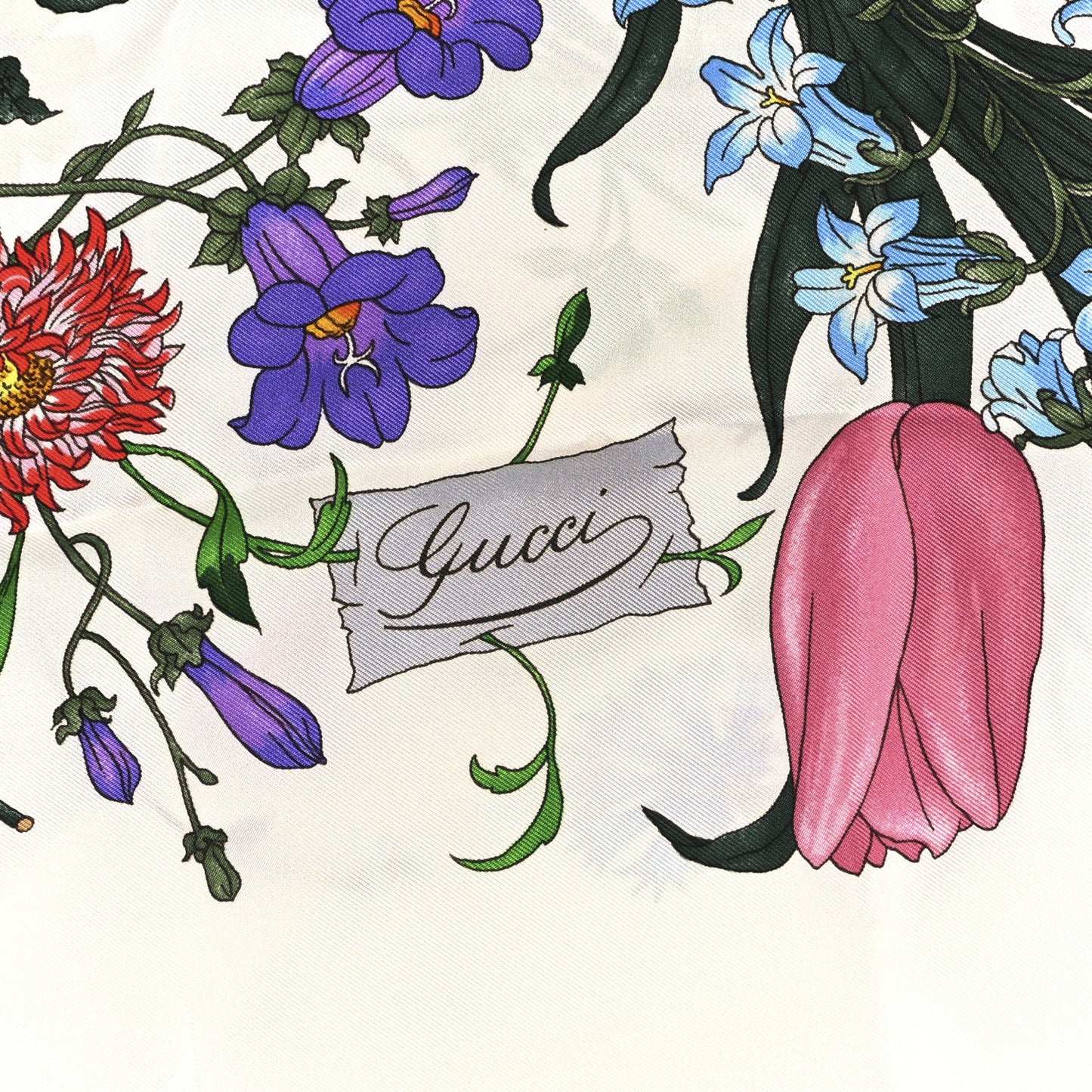 Silk Twill Flora Square Scarf White