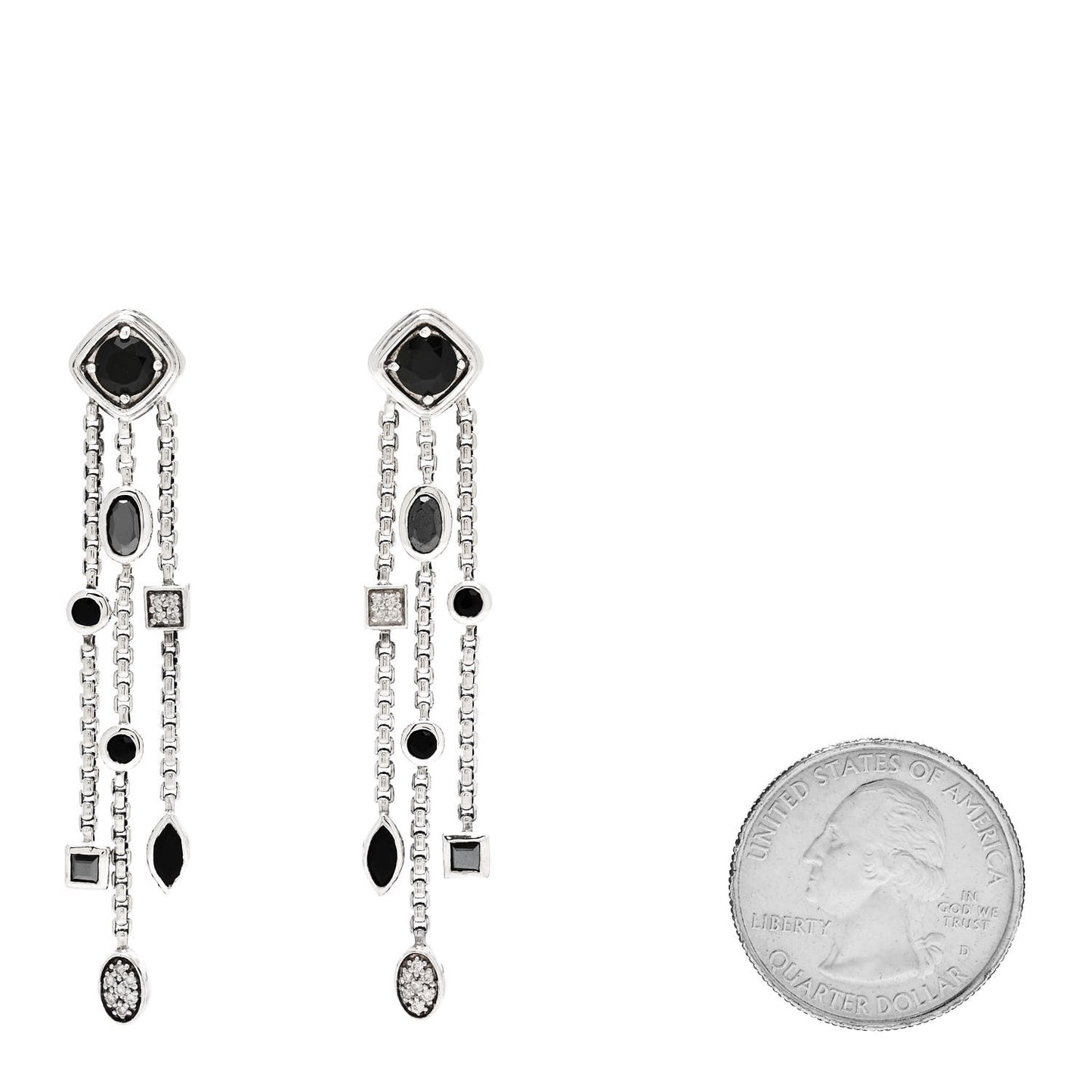 Sterling Silver Diamond Black Onyx Hematine Confetti 3 Row Tassel Earrings