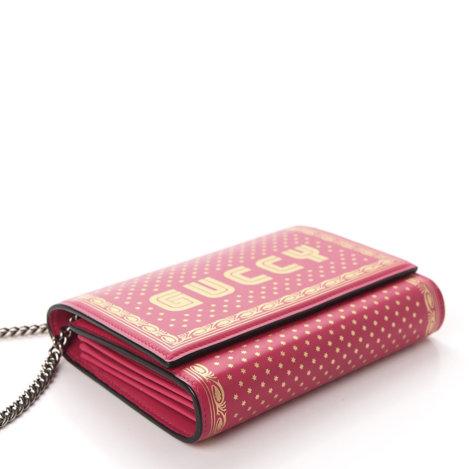 Gucci X SEGA Calfskin GUCCY Stars Chain Wallet Violet Fuxia Gold 4 of 10