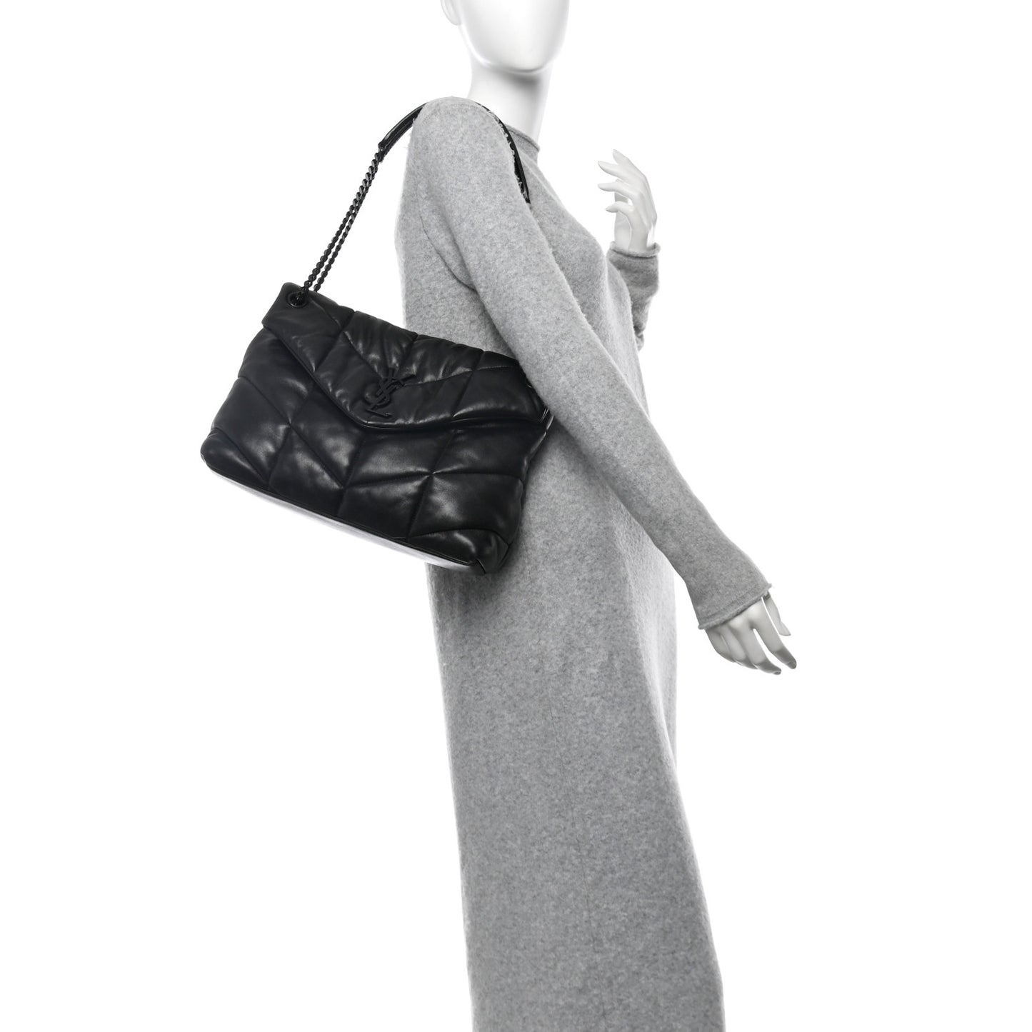 Lambskin Quilted Monogram Monochrome Medium Loulou Puffer Chain Satchel Black