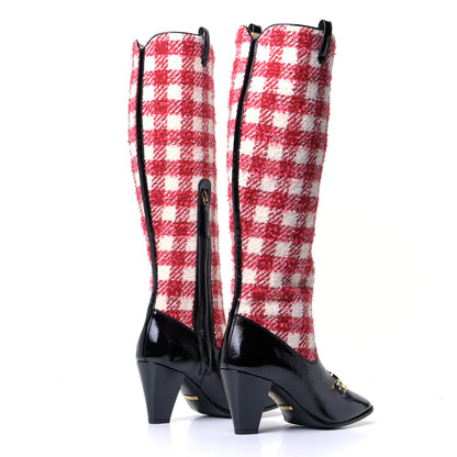 Gucci Tweed Naplack Gingham Zumi Knee Boots 37 White Red Black 2 of 4