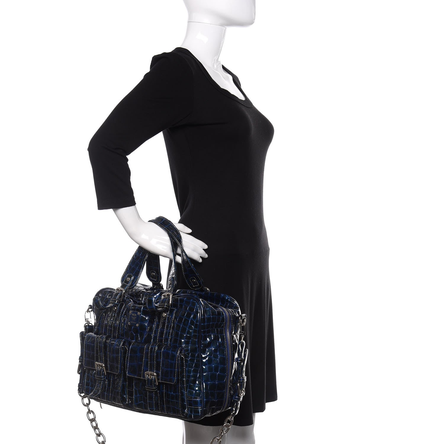 MCM Crocodile Embossed Patent Calfskin Double Pocket Tote Blue 3 of 11