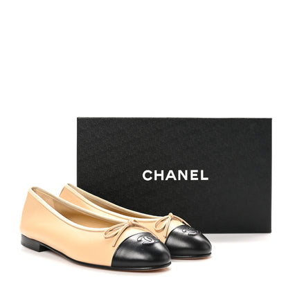 Chanel Lambskin Cap Toe CC Ballerina Flats 38.5 Beige Black 9 of 9