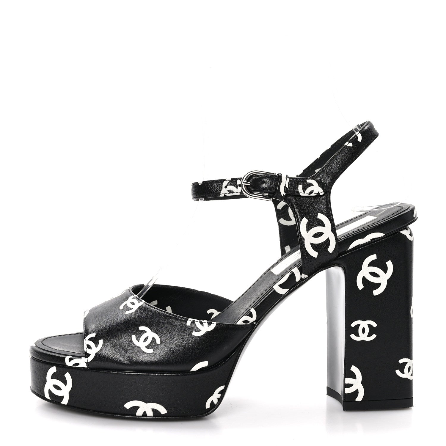 Chanel Printed Lambskin Coco Beach Platform Sandals 37 Black White 1 of 10