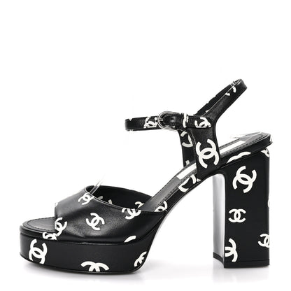 Chanel Printed Lambskin Coco Beach Platform Sandals 37 Black White 1 of 10