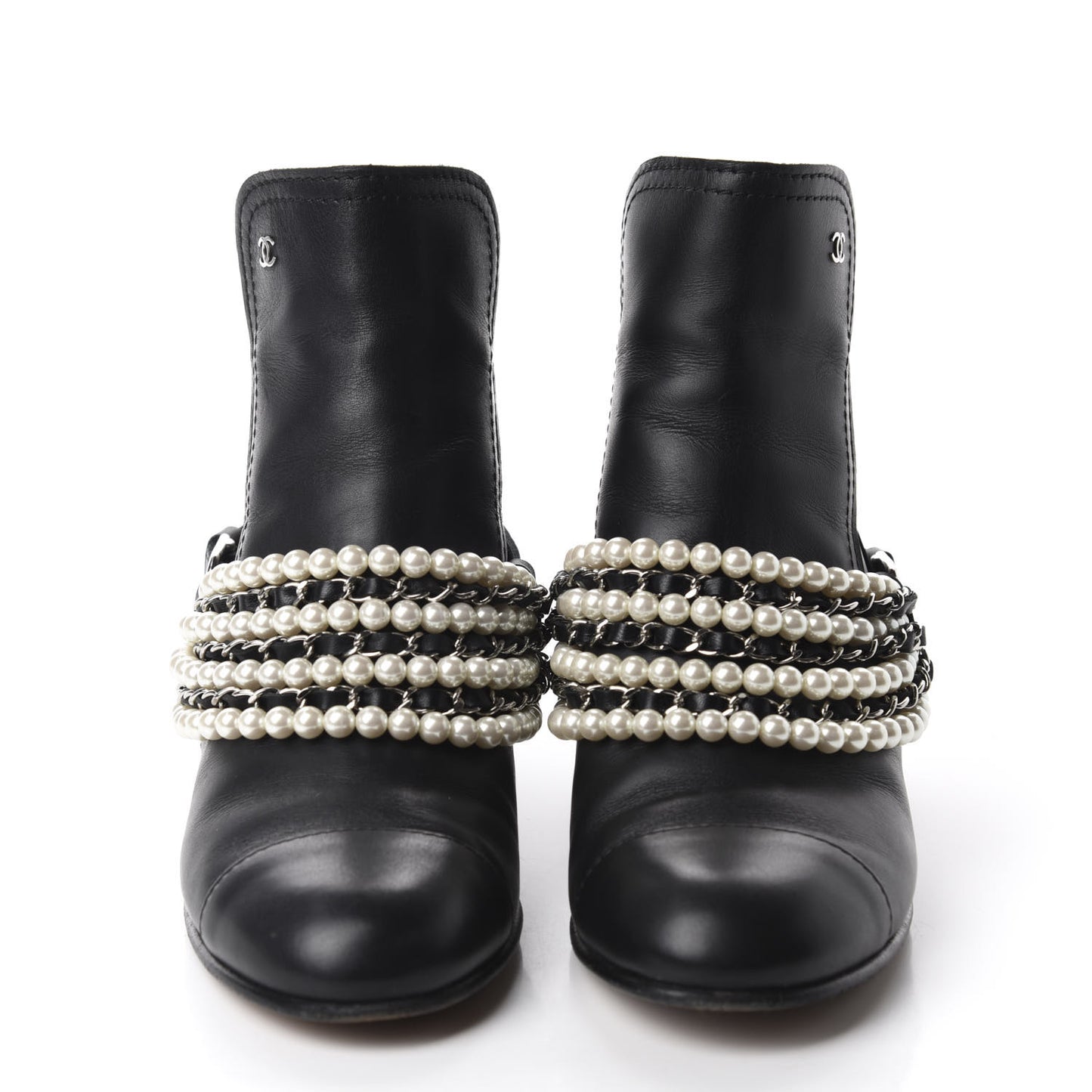 Calfskin Pearl Cap Toe Short Boots 37.5 Black