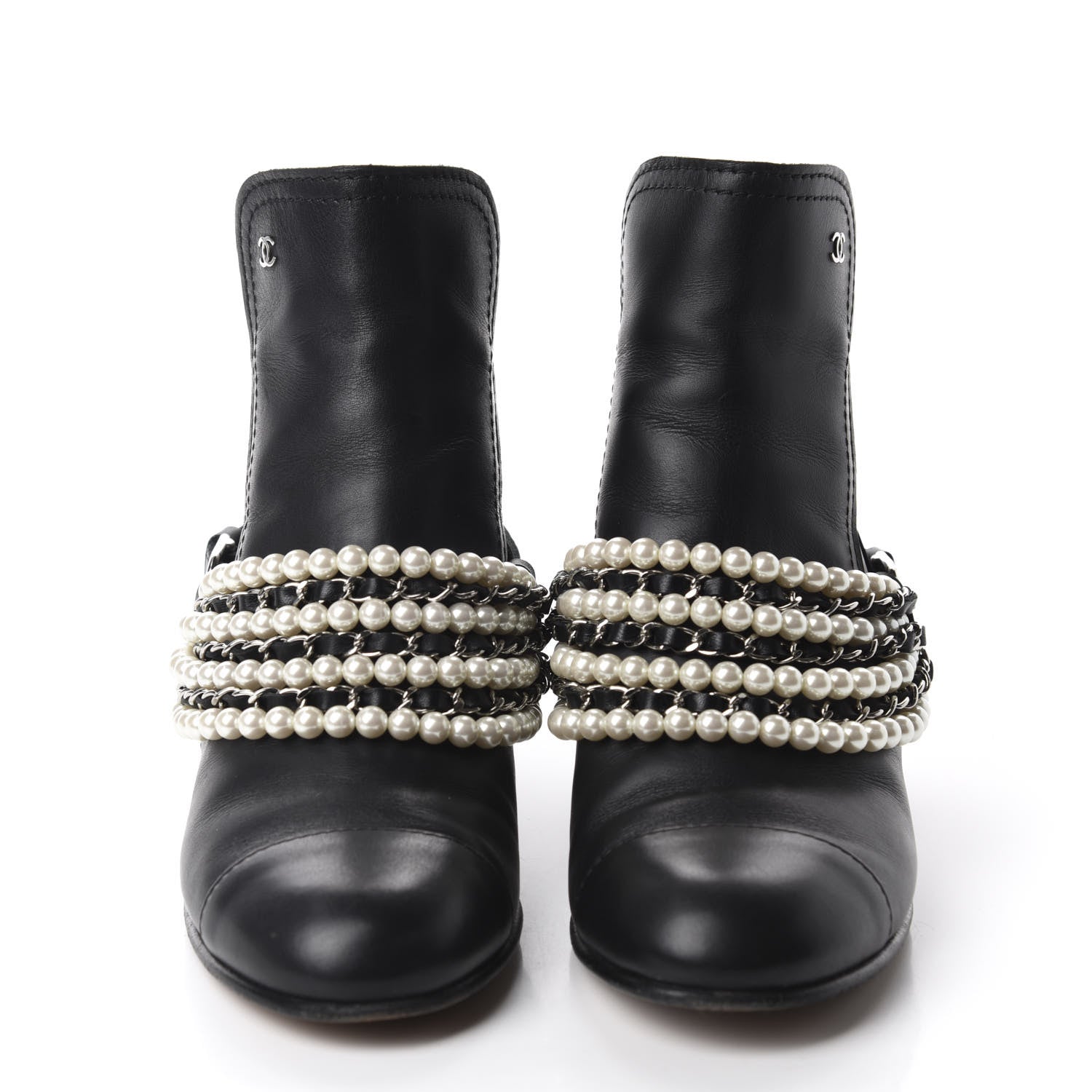 Chanel Calfskin Pearl Cap Toe Short Boots 37.5 Black 2 of 11