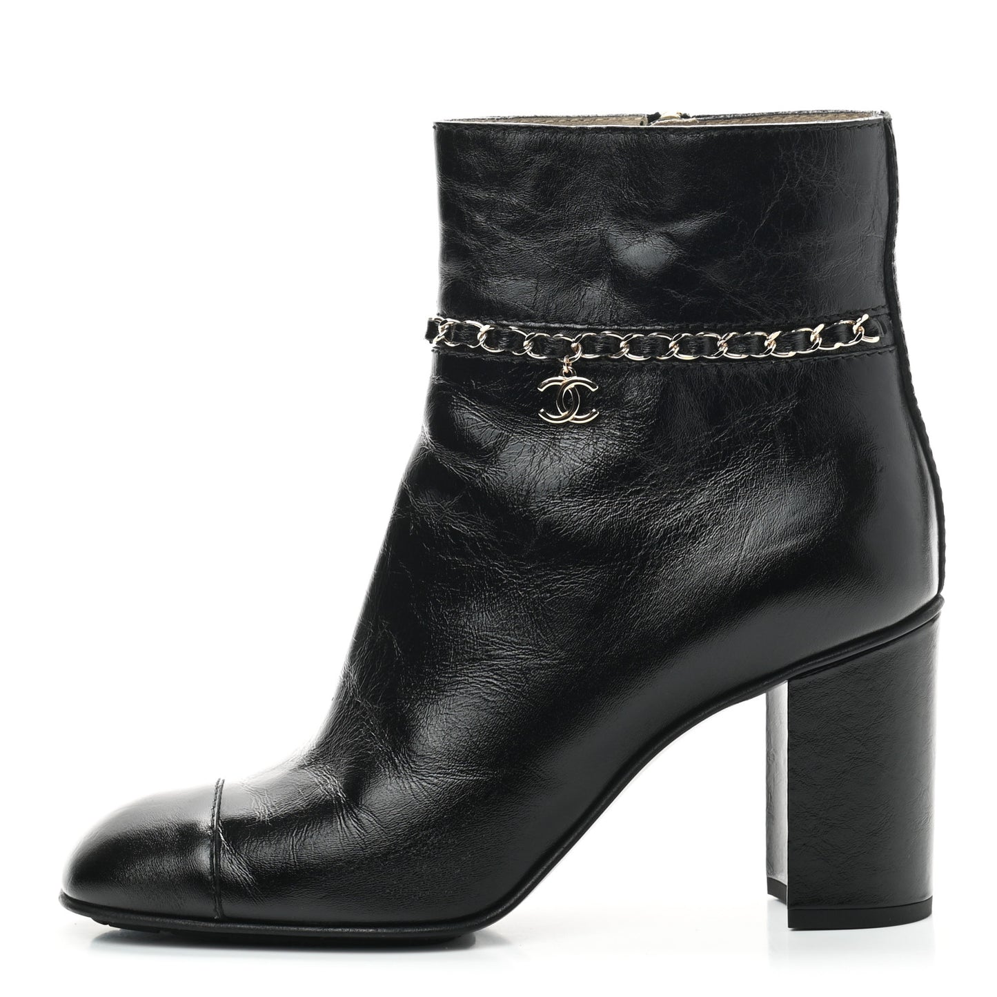 Crumpled Calfskin Cap Toe Chain Short Boots 40 Black
