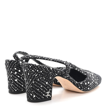 Chanel Tweed Polkadot Grosgrain Cap Toe CC Slingback Pumps 36 Black White Silver 5 of 9