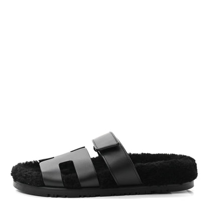 Hermes Calfskin Woolskin Womens Chypre Sandals 36 Black 1 of 8