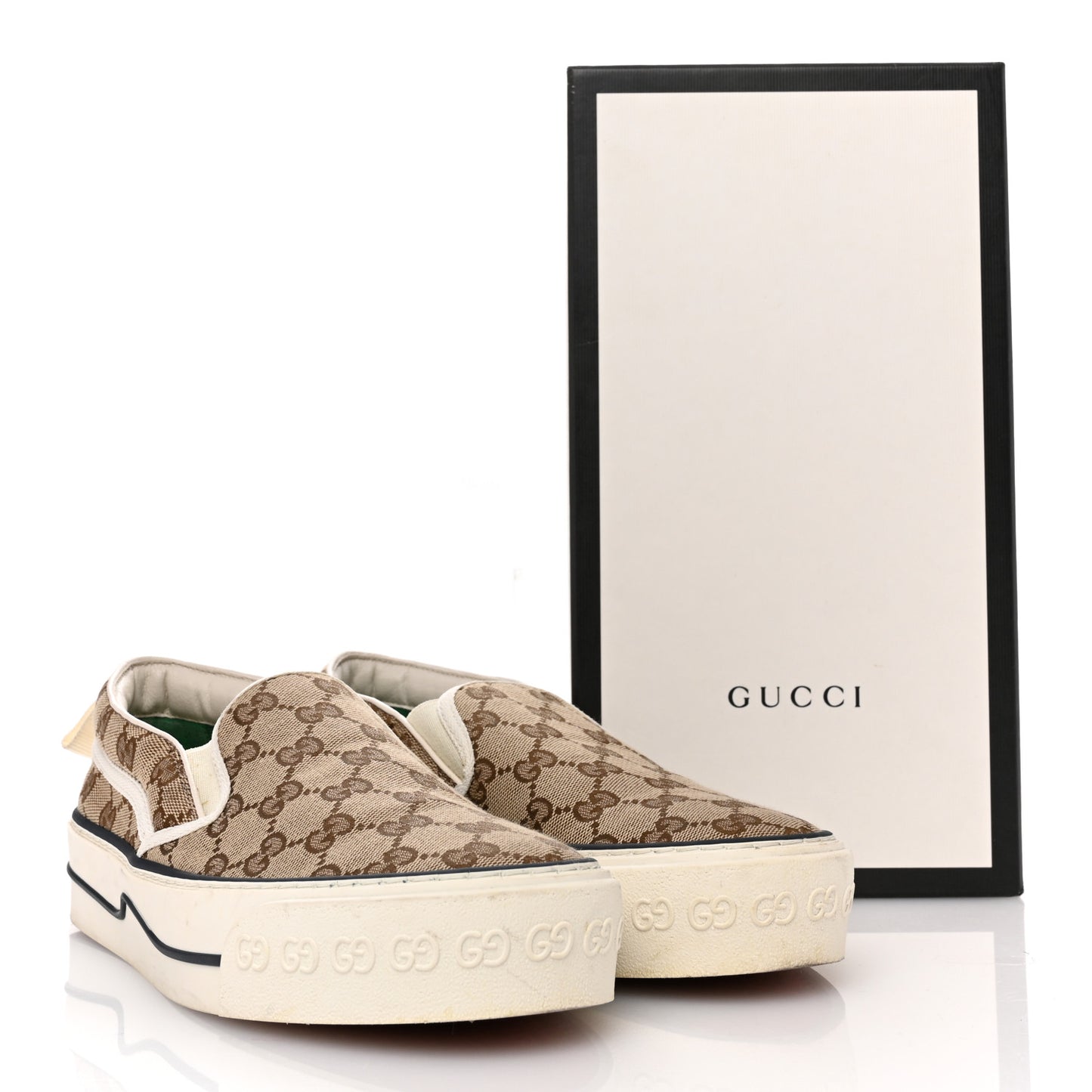 GG Monogram Womens 1977 Tennis Slip On 30mm Sneakers 39 Beige Ebony Mystic White