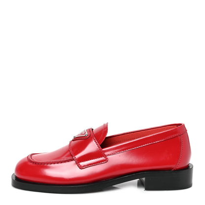 Prada Brushed Calfskin Metal Triangle Logo 20mm Loafers 35 Scarlatto 1 of 7