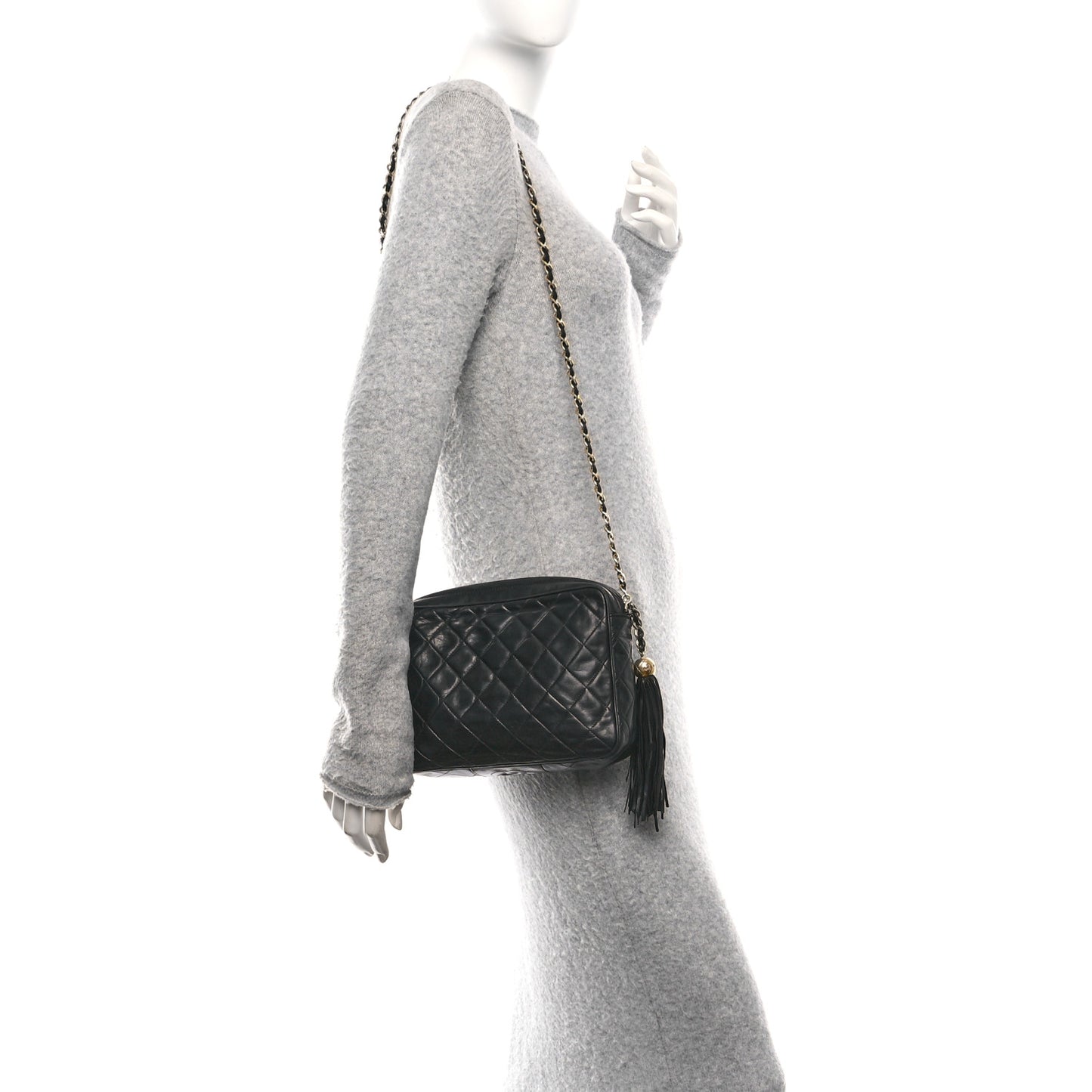Lambskin Quilted CC Tassel Camera Case Black