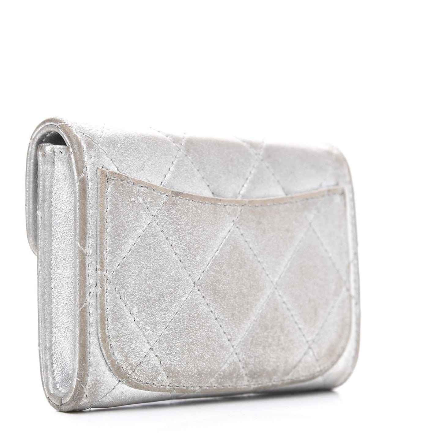 Metallic Lambskin Quilted Flap Card Holder Wallet Silver