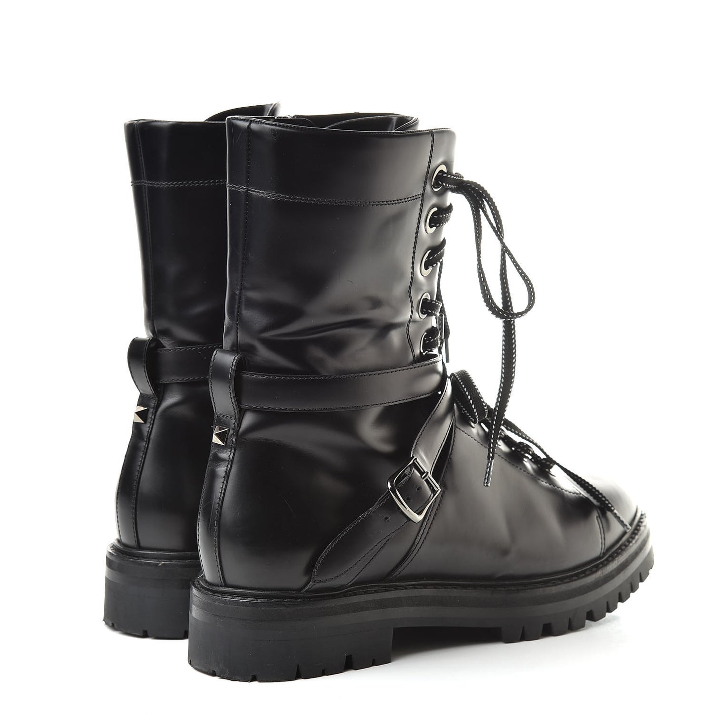Smooth Calfskin Rockstud Buckled 25mm Combat Boots 40 Black
